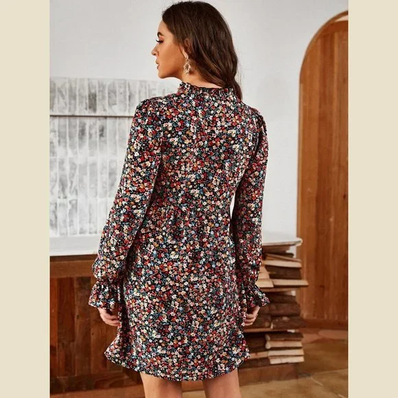 Boho Dainty Floral Confetti Ruffle Babydoll Dress - Picture 7 of 12